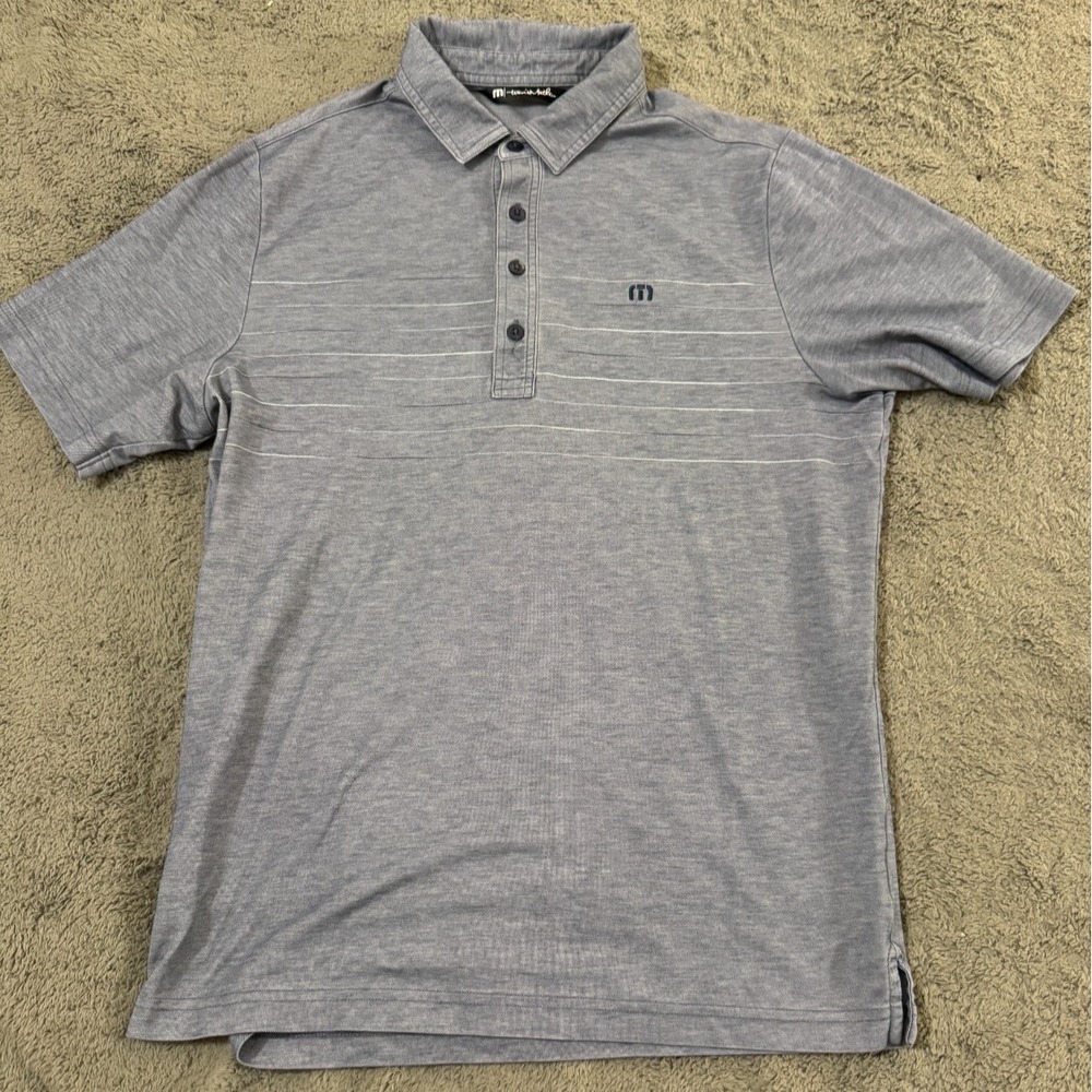 Travis Mathew Golf Shirt Mens M Gray Logo w/ Stripes 4 Button Short Sleeve Polo
